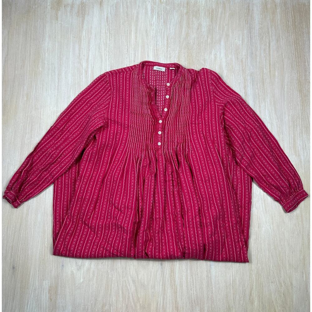 L.L.Bean Red Cotton Boho Midi Dress Button Front Long Sleeve Cottagecore Small